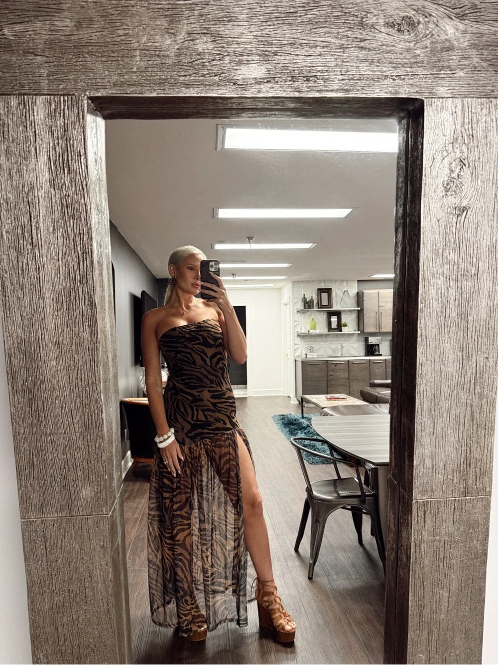Strapless Tiger Print Maxi Dress with Side Slit - Black & Brown